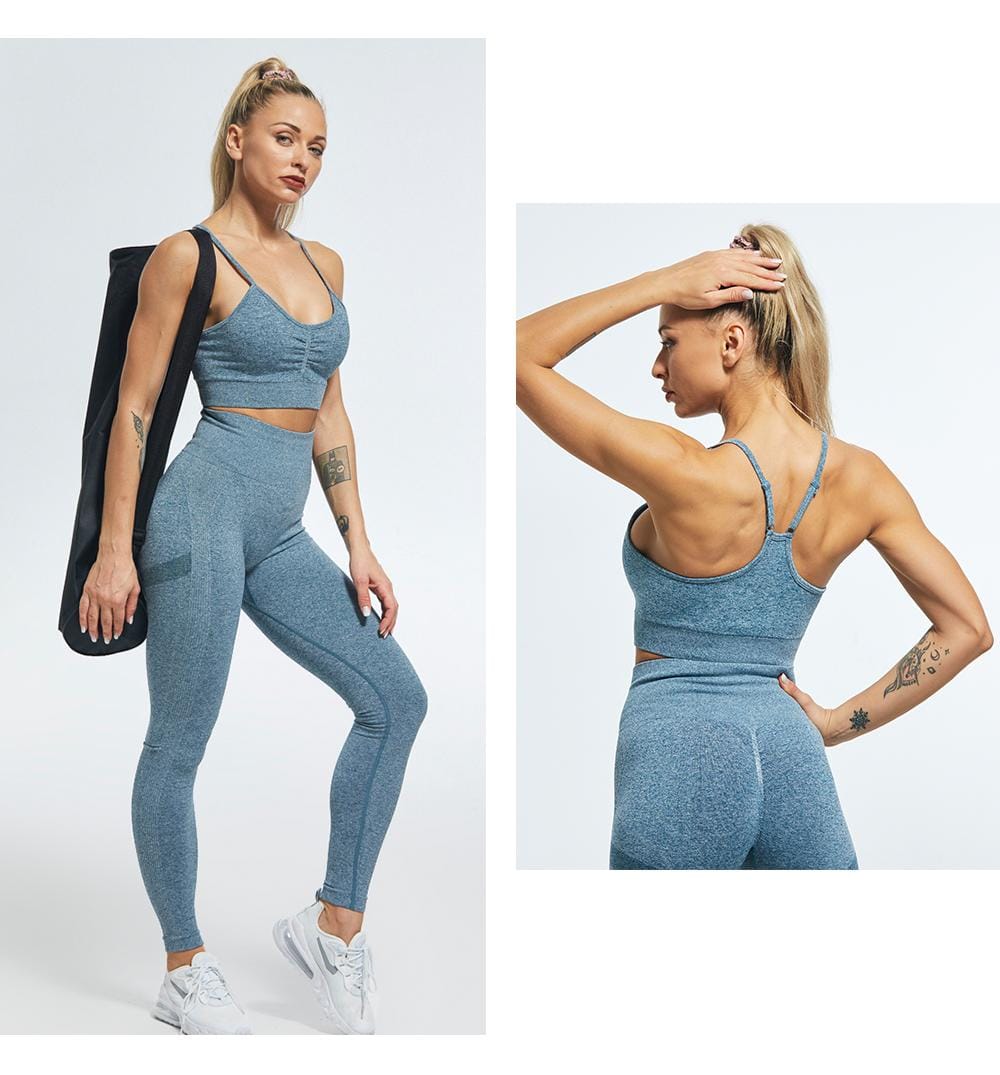 Conjunto Deportivo Lycra Leggings Push Up + Crop Top Azul Ref. 5055 - Imagen 3